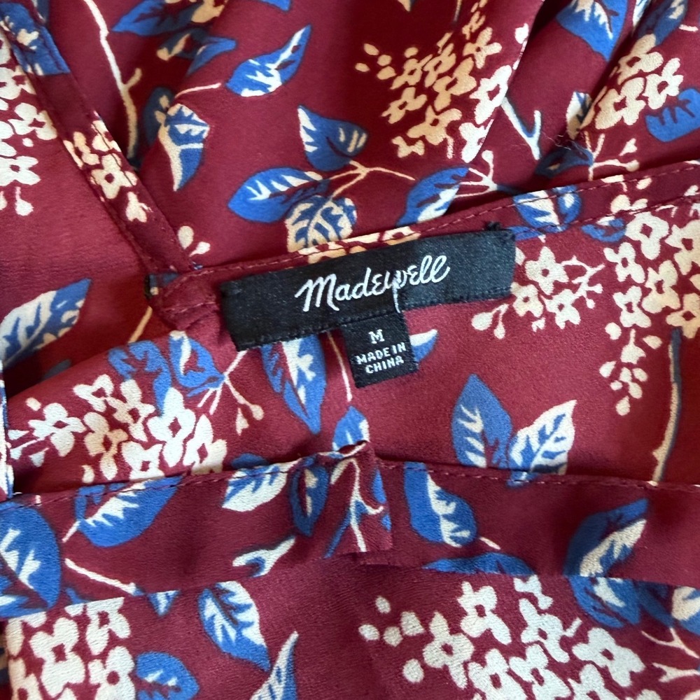 Madewell Floral Tie Front Blouse Womens Medium Burgundy Long Sleeve V-Neck Boho - Picture 2 of 7
